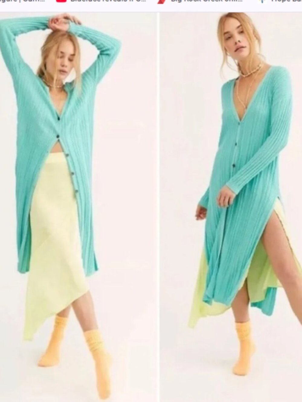 Free People Lot of 2 Skinny Light Ribbed Longline Cardigans Aqua Green Sz XS